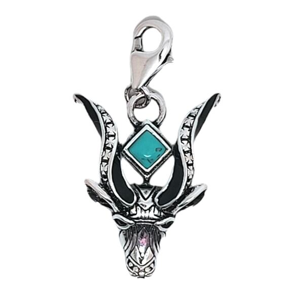 925 Sterling Silver Square Turquoise Horned Animal Head Charm - Picture 1 of 7